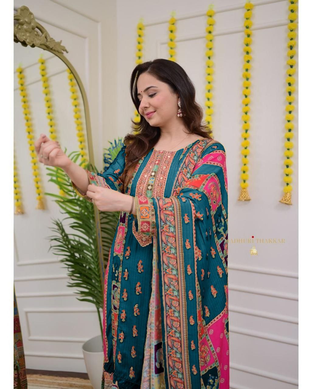 Premium Royal Multi Printed Muslin Suit Set with Embroidered Yoke