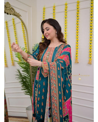 Premium Royal Multi Printed Muslin Suit Set with Embroidered Yoke