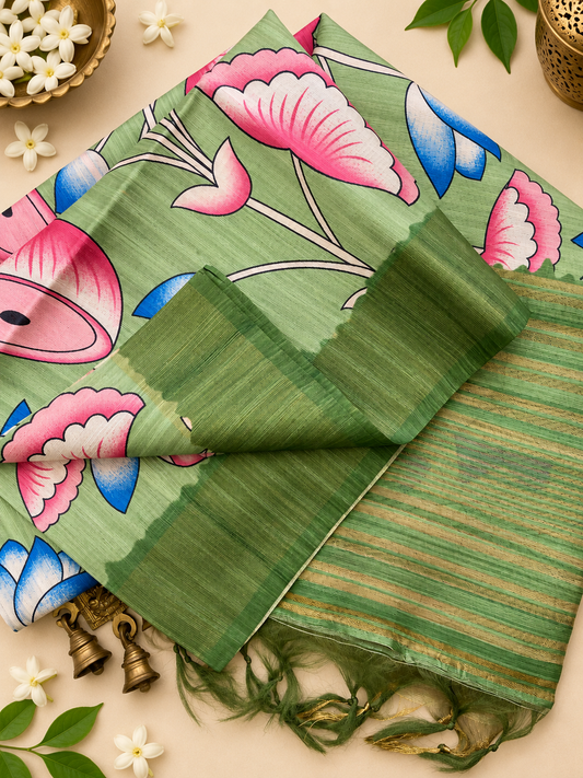Avelina Sage Soft Tussar Silk Saree with Artistic Floral Print