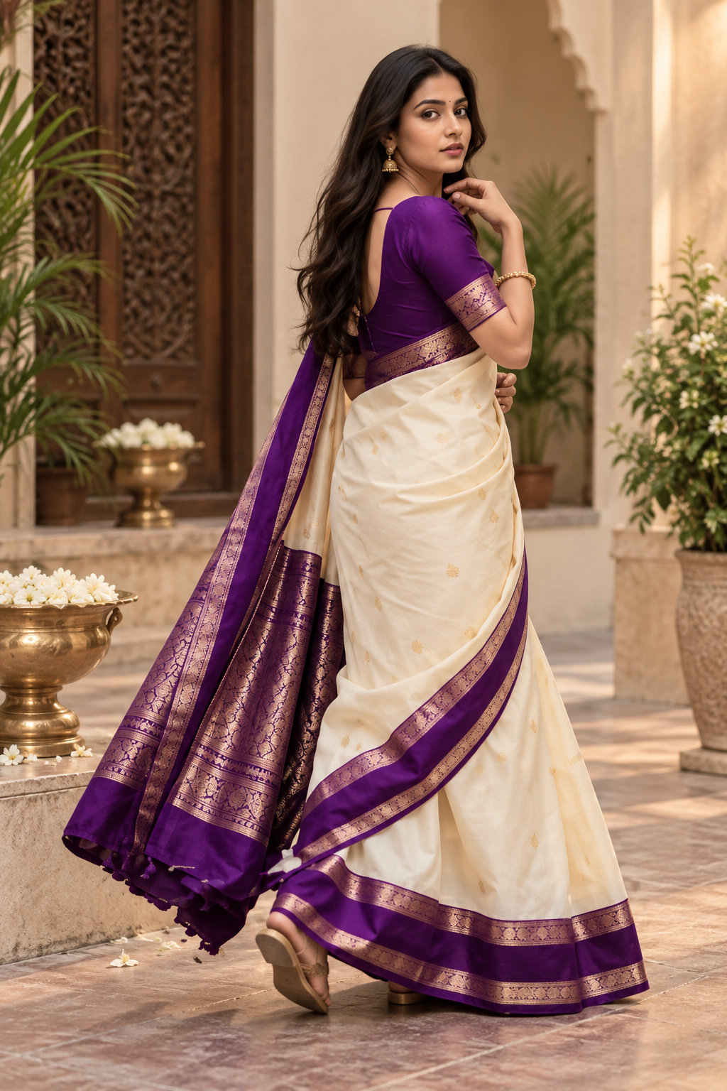 Traditional Cream Kanjivaram Festive Soft Silk Saree