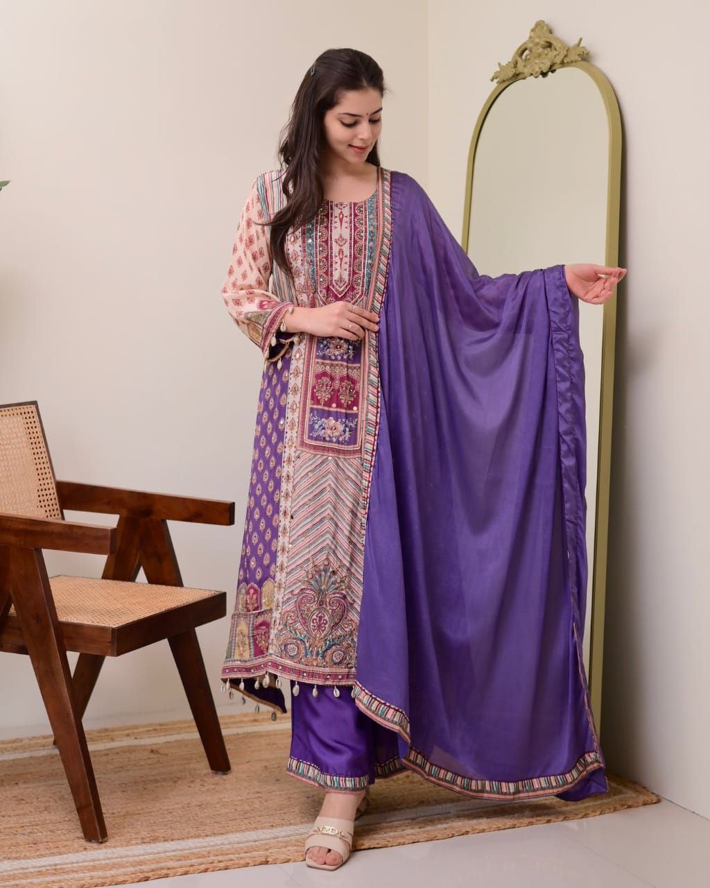 Attractive Violet Patchwork Printed Chinon Suit Set with Fancy Mirror Work