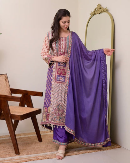 Attractive Violet Patchwork Printed Chinon Suit Set with Fancy Mirror Work