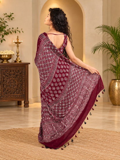 Elegant Traditional Ajrakh Block Printed Gajji Silk Saree With Real Mirror Work