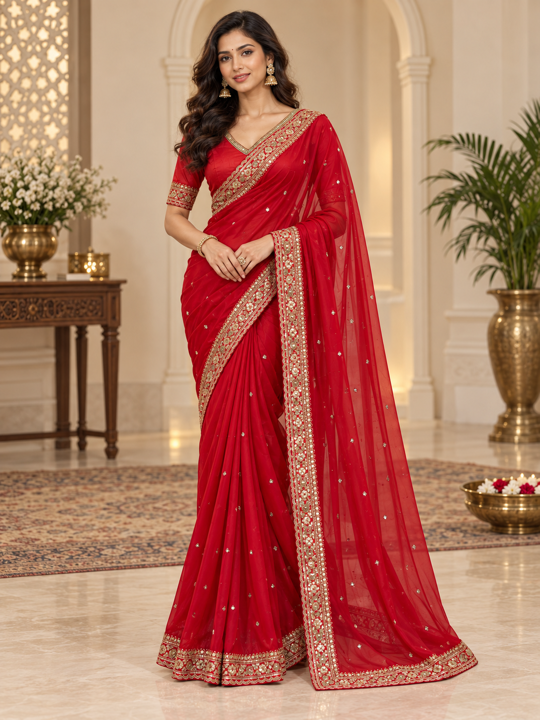 Premium Festive Red Tibby Silk Saree