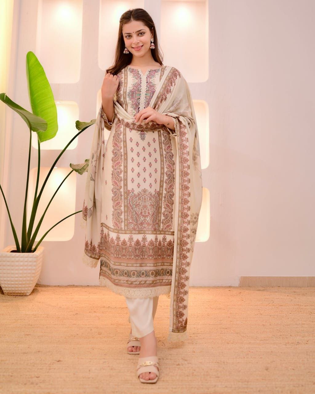 Elegant Cream Heavy Muslin Digital Printed Suit Set with Delicate Lace Work