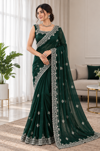 Elegant Emerald Green Fendy Silk Saree