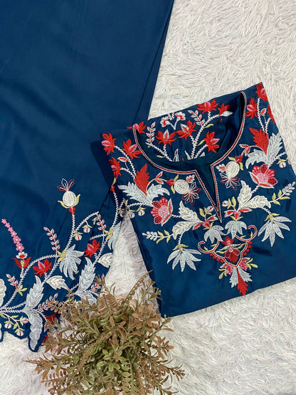 Premium Teal Blue French Crepe Embroidered Co-ord Set