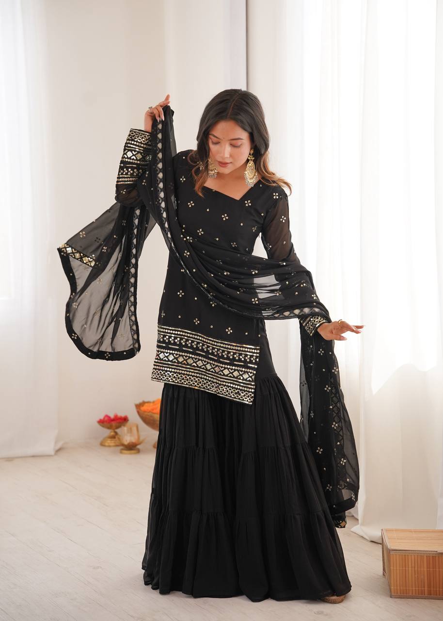 Black Pure Heavy Georgette Embroidery Sharara Suit Set
