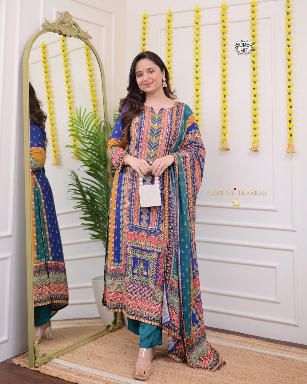 Premium Royal Multi-Color Muslin Printed Suit Set with Dupatta
