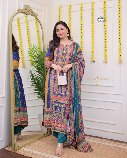 Premium Royal Multi-Color Muslin Printed Suit Set with Dupatta