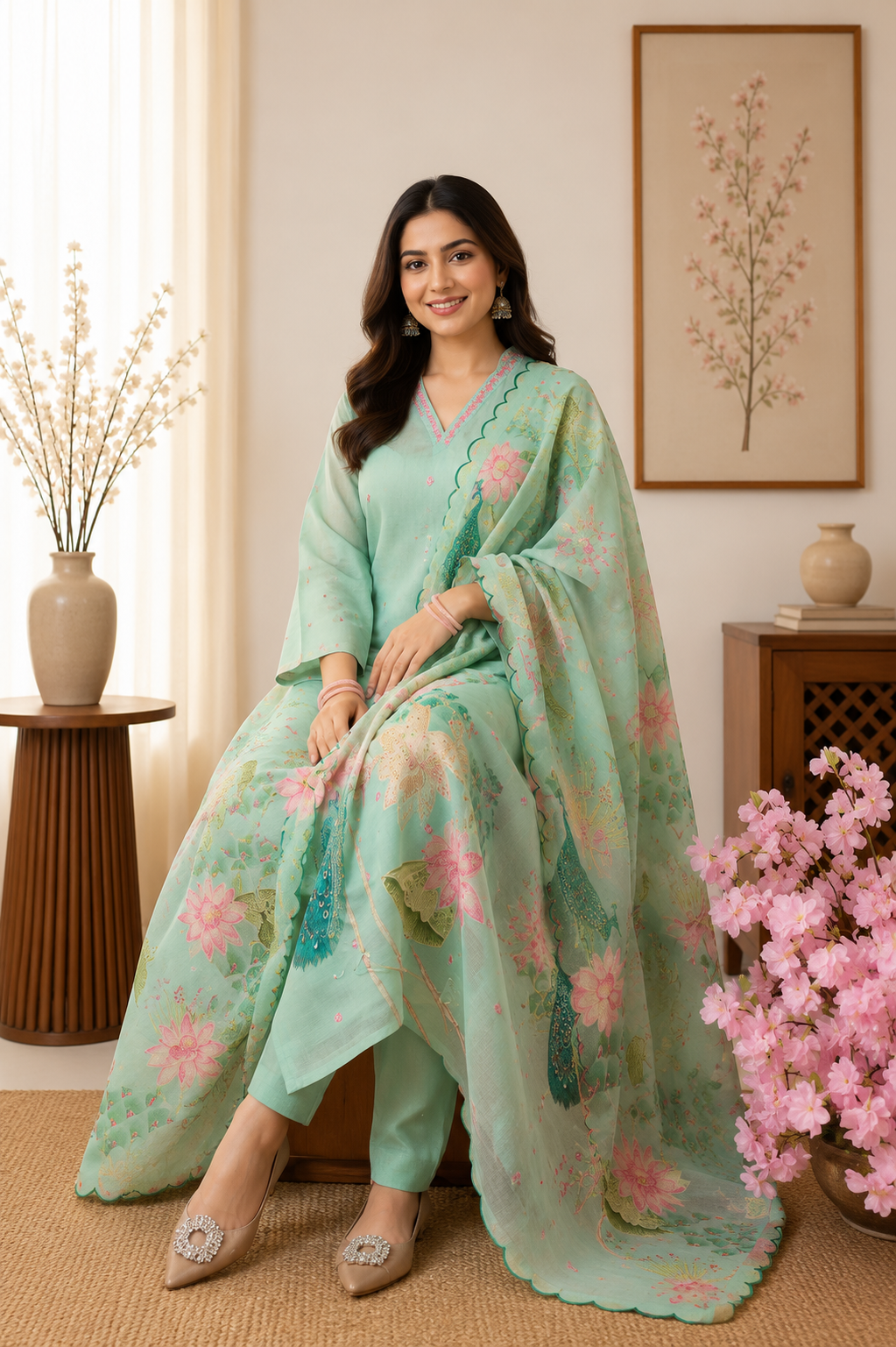 New Designer Mint Green Linen Cotton Suit Set with Handwork