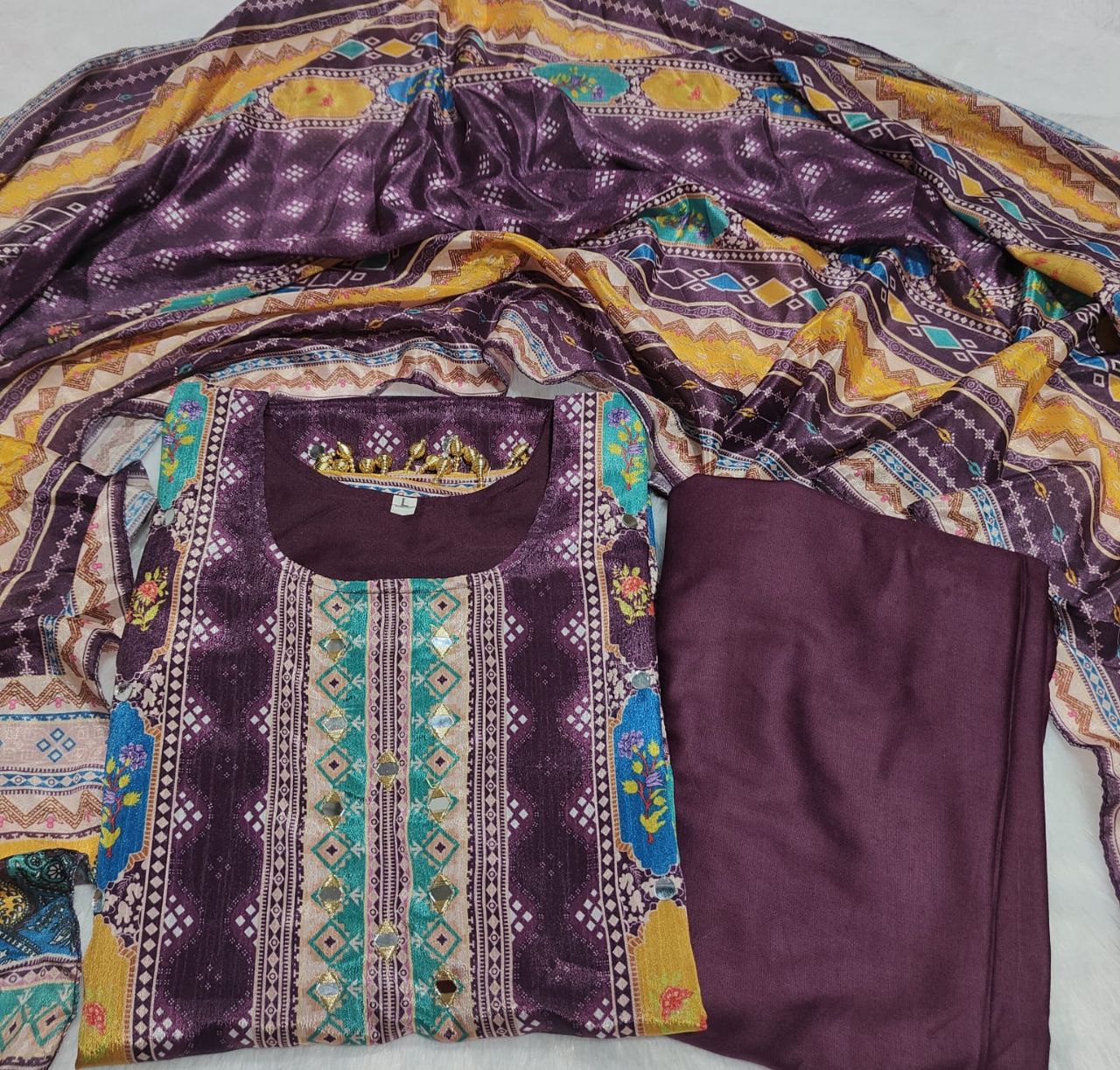 Premium Violet Printed Chinon Suit Set with Fancy Mirror Work