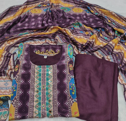 Premium Violet Printed Chinon Suit Set with Fancy Mirror Work