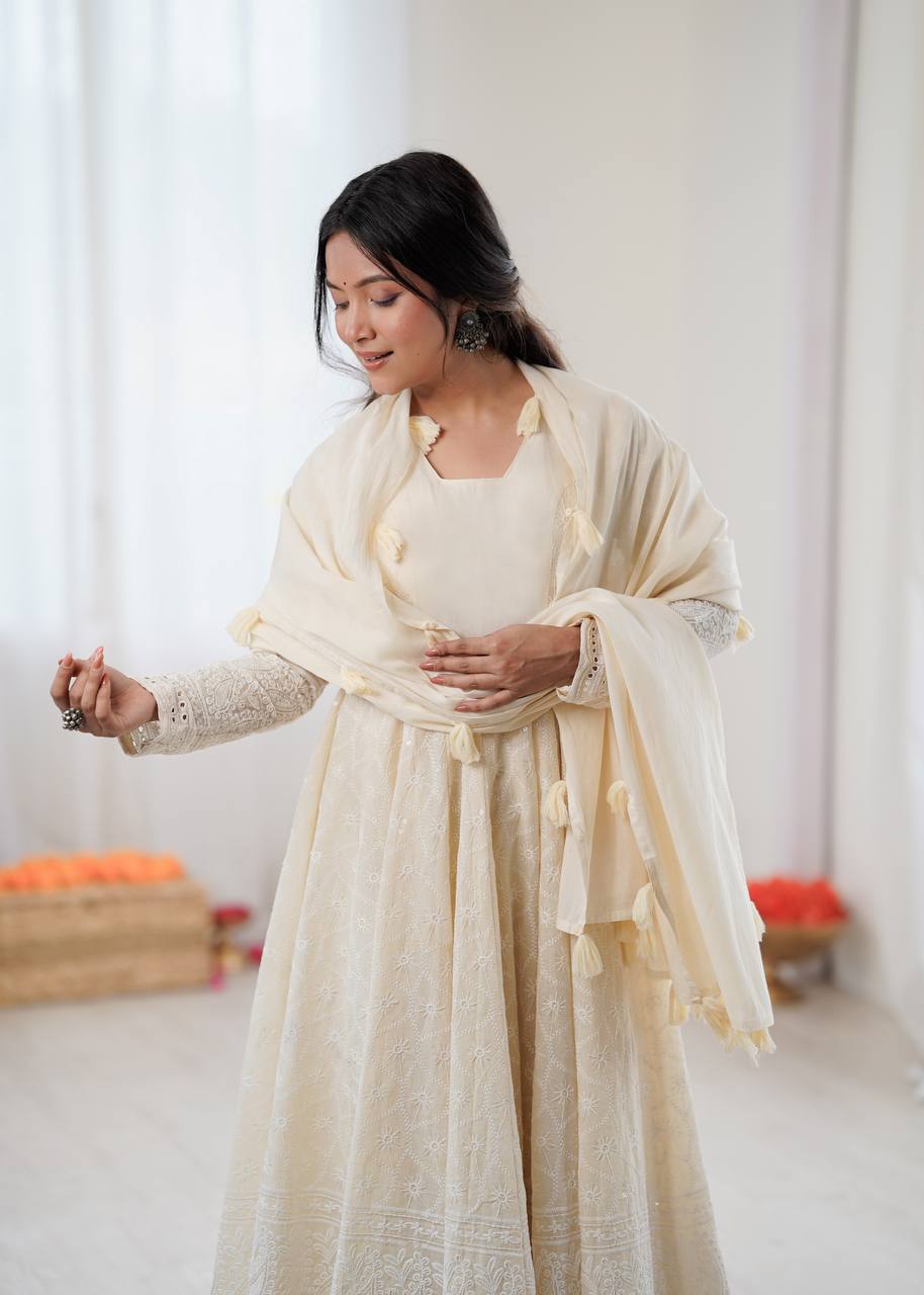 Elegant Off-White Pure Kora Cotton Anarkali Suit Set