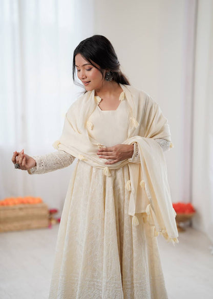 Elegant Off-White Pure Kora Cotton Anarkali Suit Set