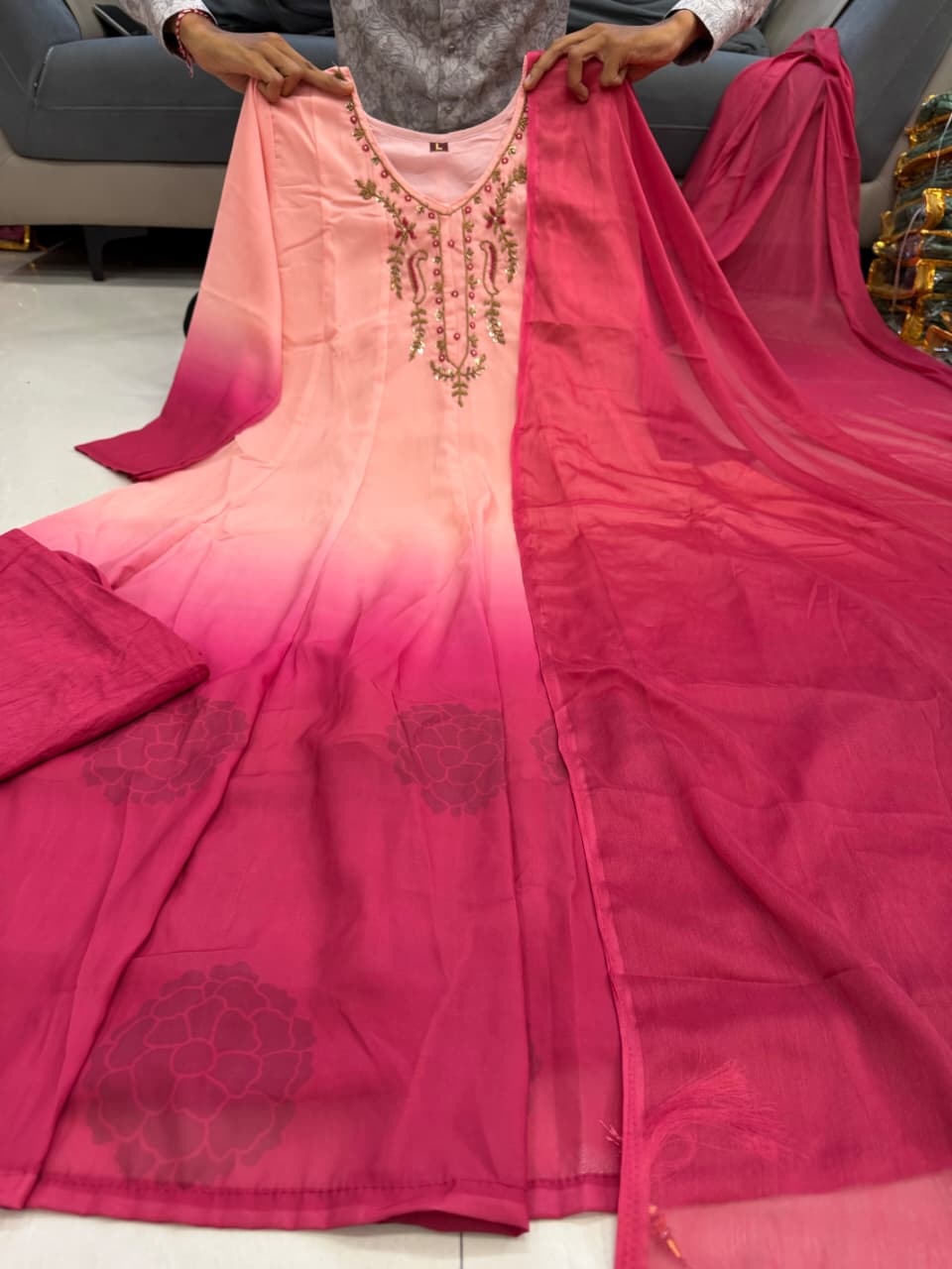 Designer Premium Orange Chiffon Embroidered Anarkali Suit Set
