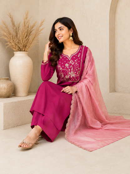 New Designer Magenta Premium Roman Silk Embroidered Suit Set