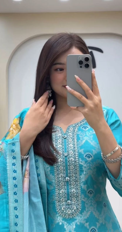 ELEGANT PURE BANARASI SILK JEQUARD WEAVING SUIT SET