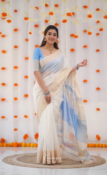 Ivory White & Sky Blue Handloom Style Cotton Saree with Soft Contrast Pallu