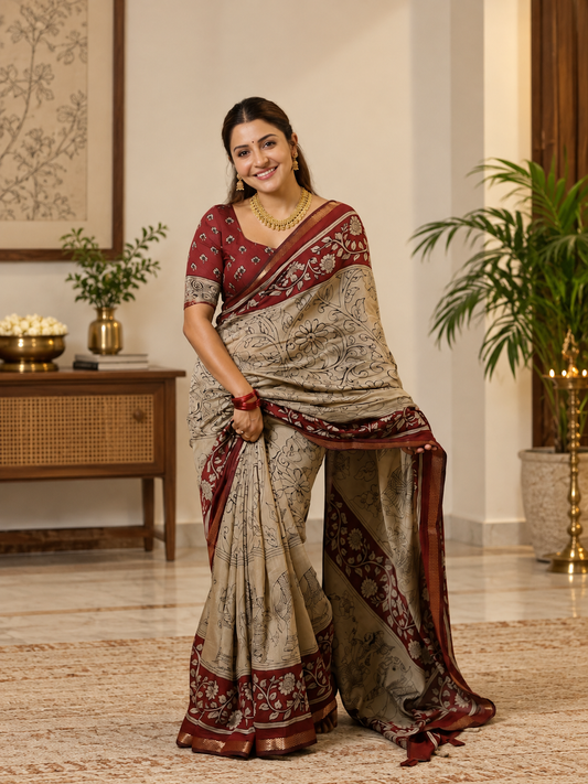 The Anushka Inspired Kalamkari Print Cotton Silk Saree