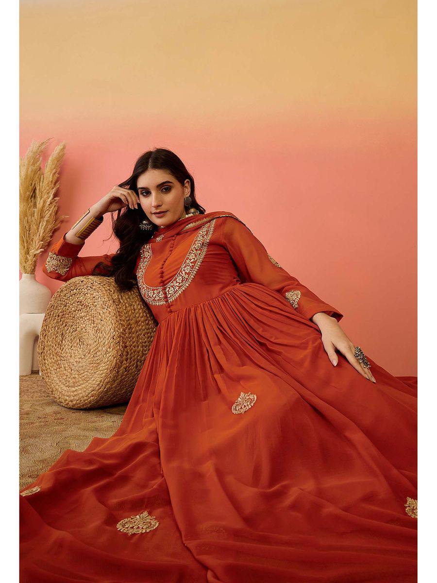 Designer Rust Orange Faux Georgette Embroidered Anarkali Suit Set with Dupatta