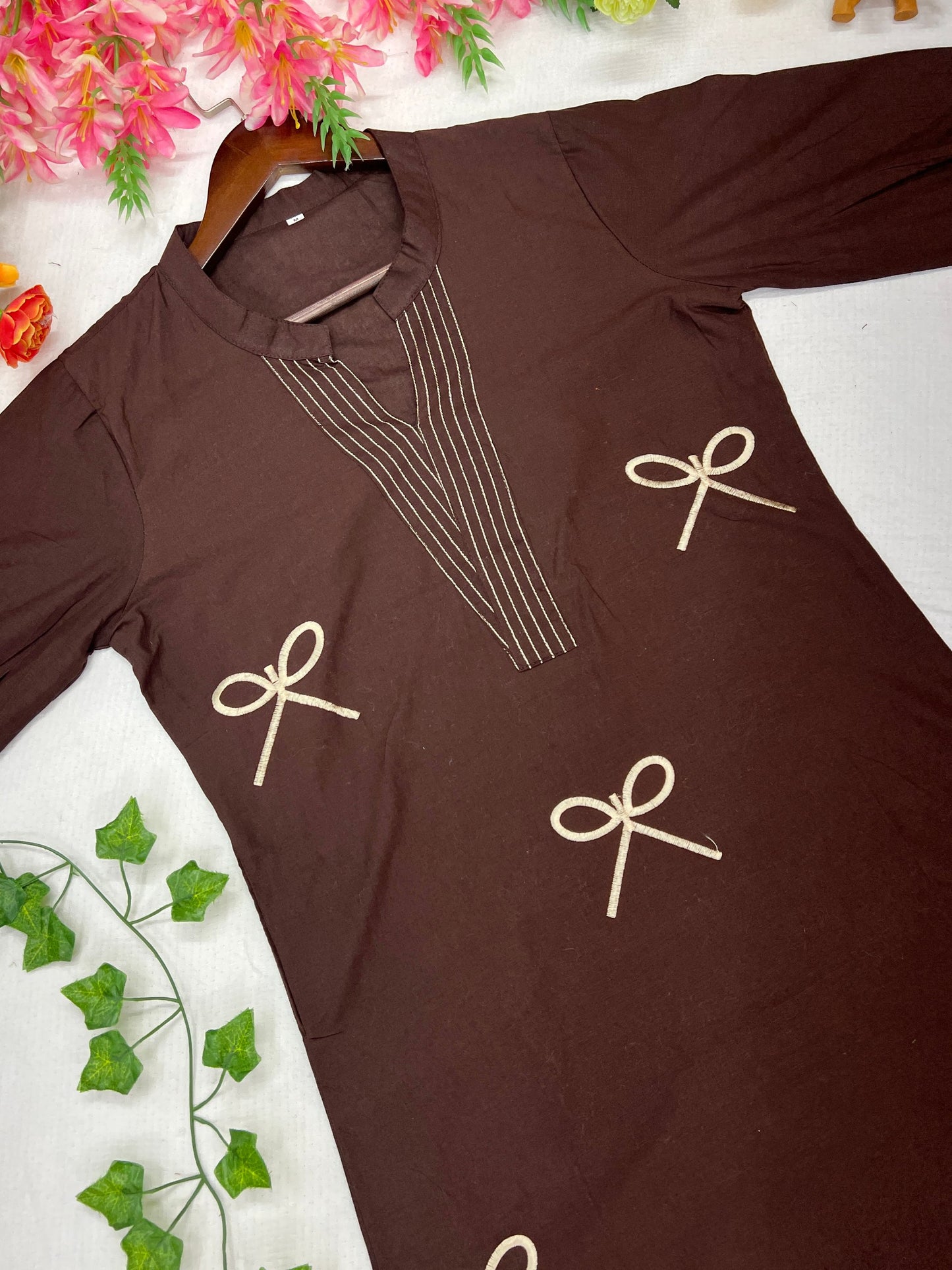 Elegant Mocha Brown Voile Cotton A-Line Tunic Set with Thread Work