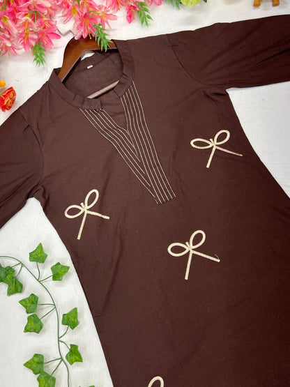 Elegant Mocha Brown Voile Cotton A-Line Tunic Set with Thread Work