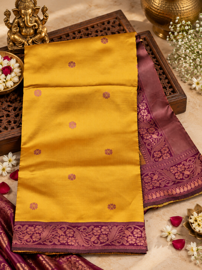 Mustard Yellow Woven Soft Banarasi Silk Saree with Purple Zari Border
