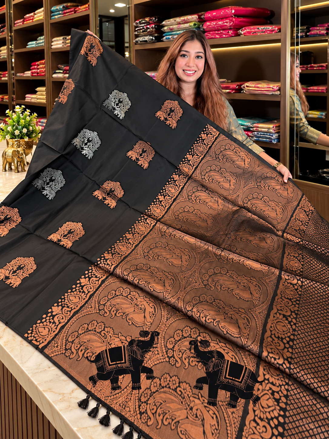 Adorning Black Soft Banarasi Silk Saree with Elegant Copper Border