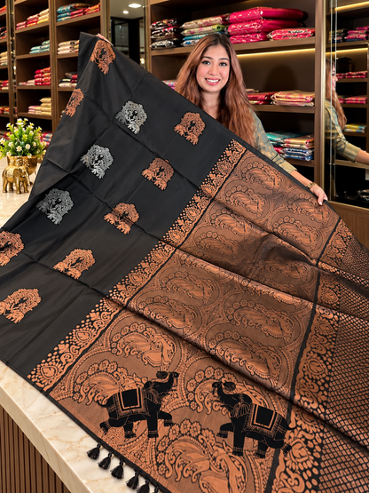 Adorning Black Soft Banarasi Silk Saree with Elegant Copper Border