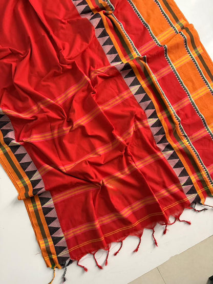Red Handloom Narayanpet Pure Cotton Saree With Blouse