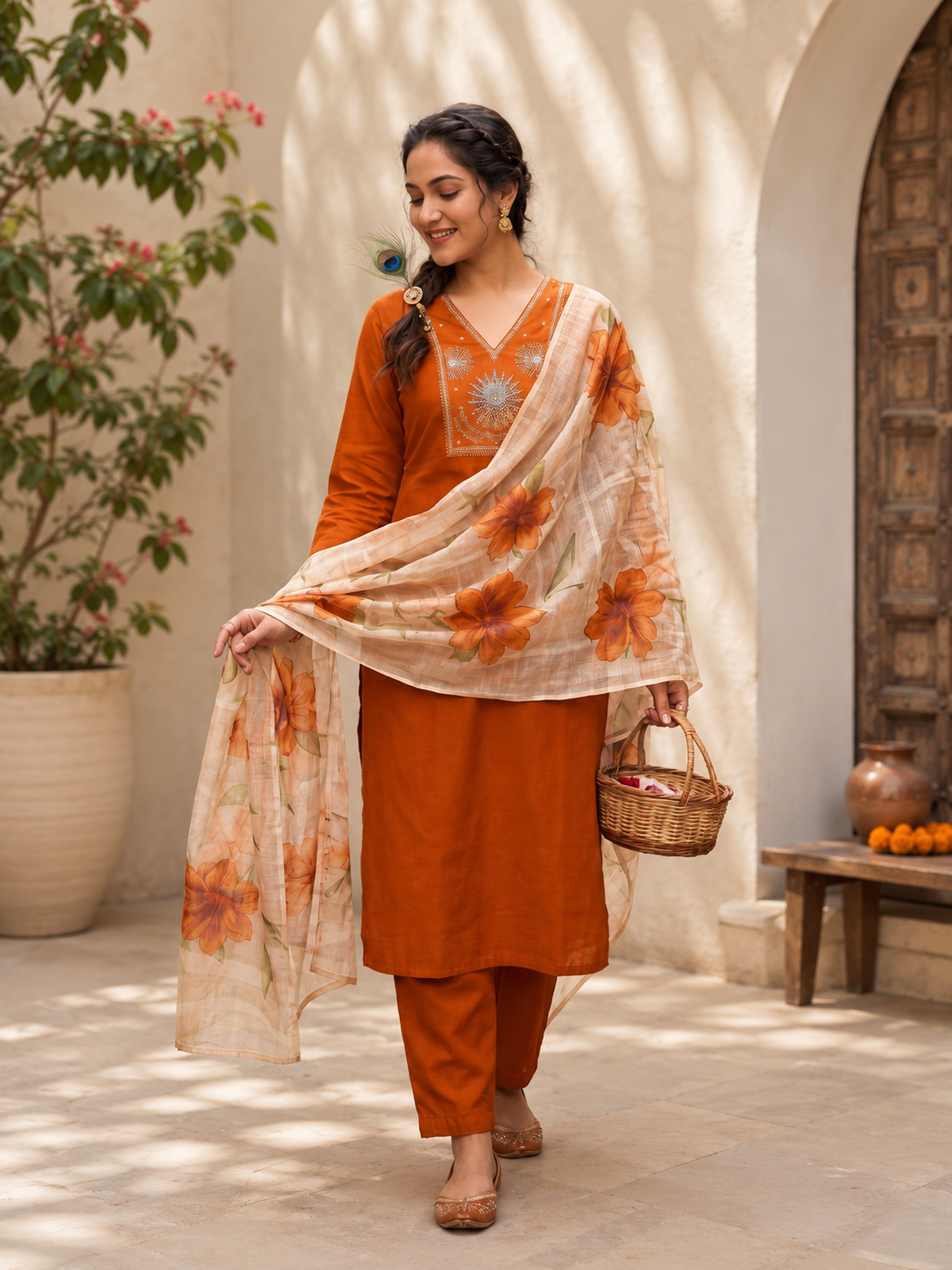 Elegant Rust Premium Roman Silk Embroidered Suit Set with Floral Dupatta