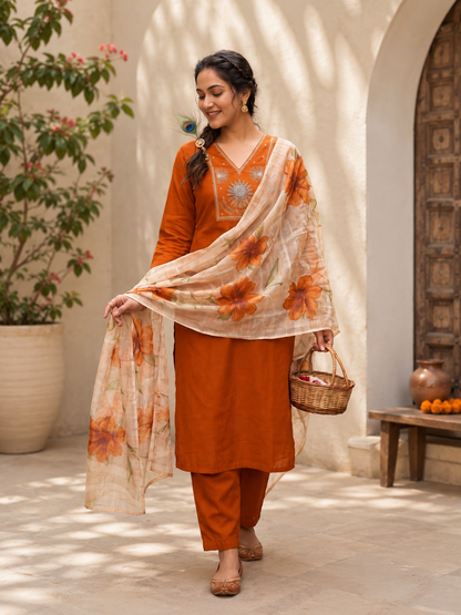 Elegant Rust Premium Roman Silk Embroidered Suit Set with Floral Dupatta