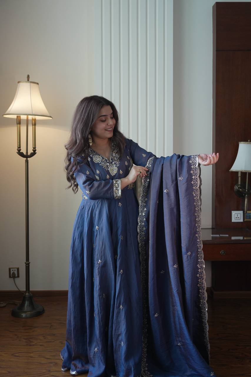 Deep Indigo Embroidered Vichitra Silk Anarkali Suit Set with Dupatta