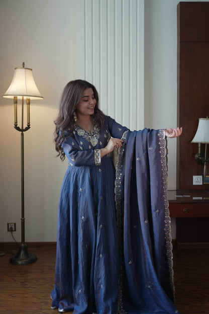 Deep Indigo Embroidered Vichitra Silk Anarkali Suit Set with Dupatta