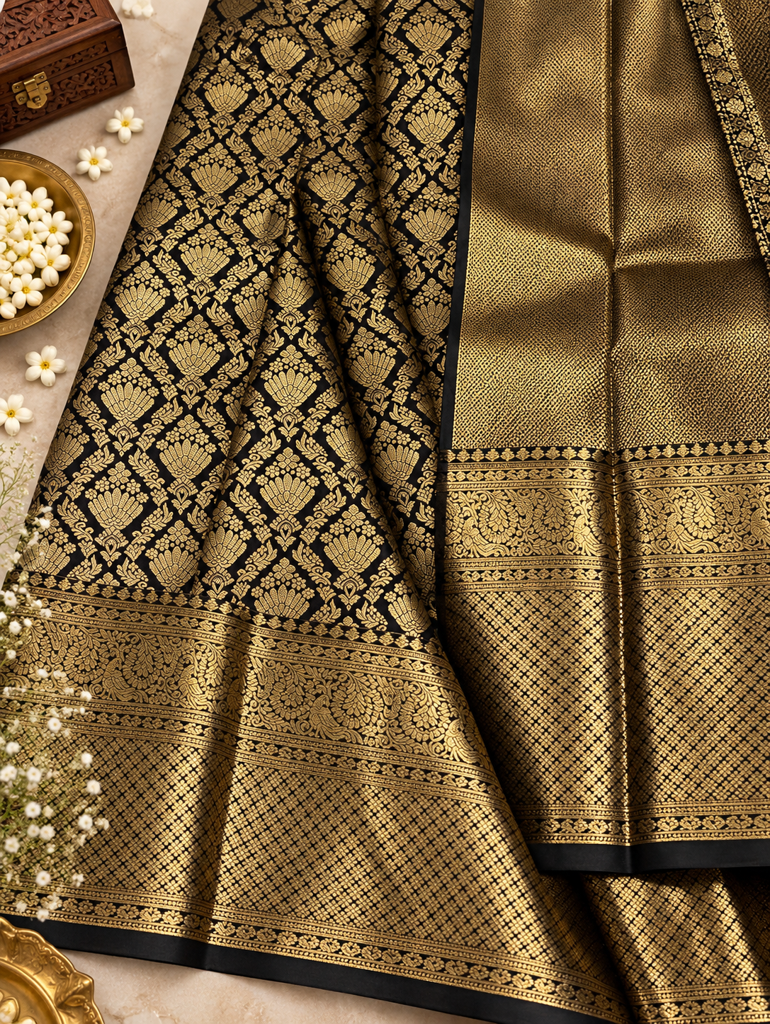 Very Attractive Black & Gold Woven Jacquard Soft Banarasi Silk Saree