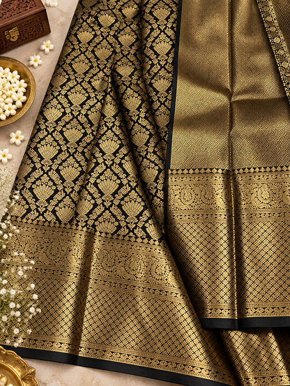 Very Attractive Black & Gold Woven Jacquard Soft Banarasi Silk Saree