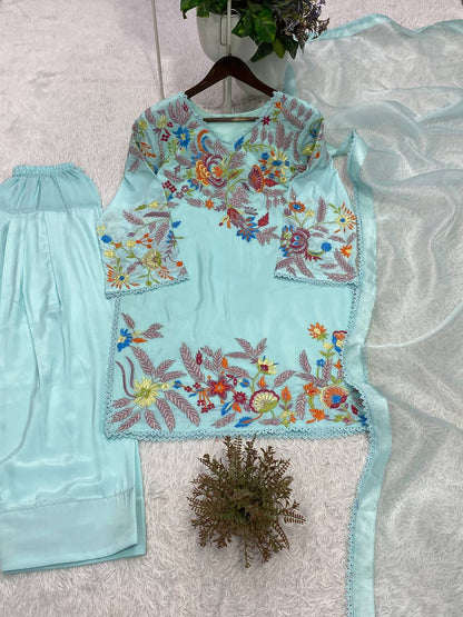 Elegant Modern Ice Blue Embroidered Crape Silk Suit Set with Organza Dupatta