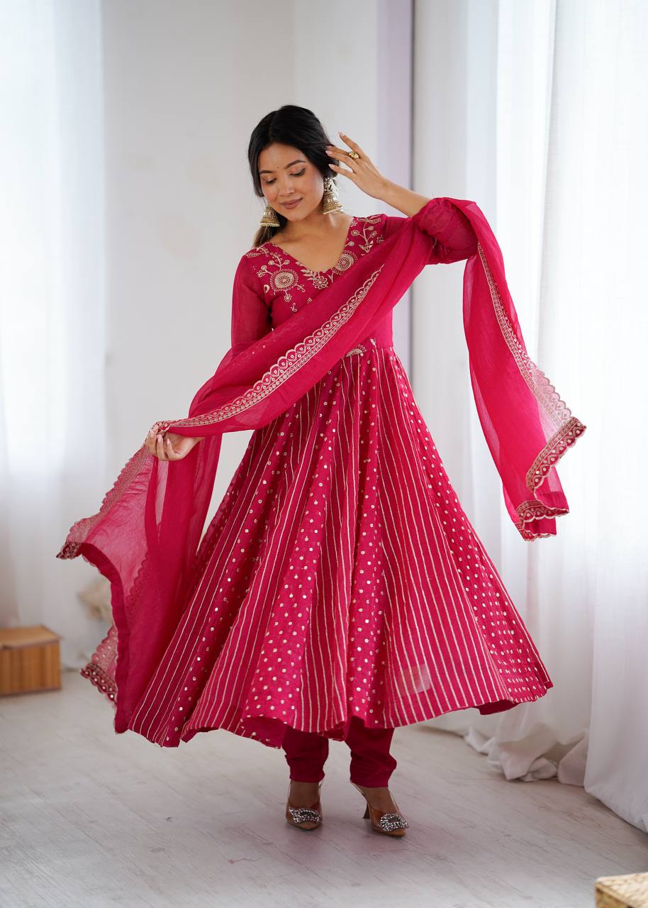 Vibrant Rani Pink Crunchy Silk Anarkali Suit Set with Floral Embroidery