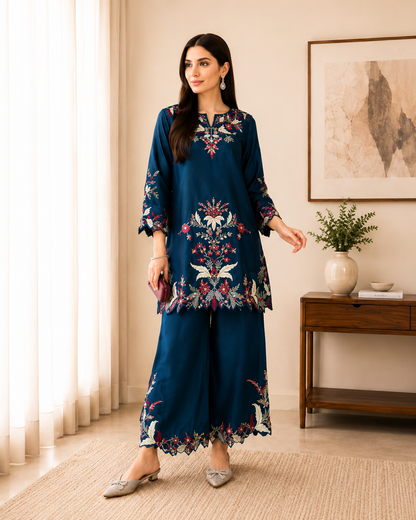 Premium Teal Blue French Crepe Embroidered Co-ord Set