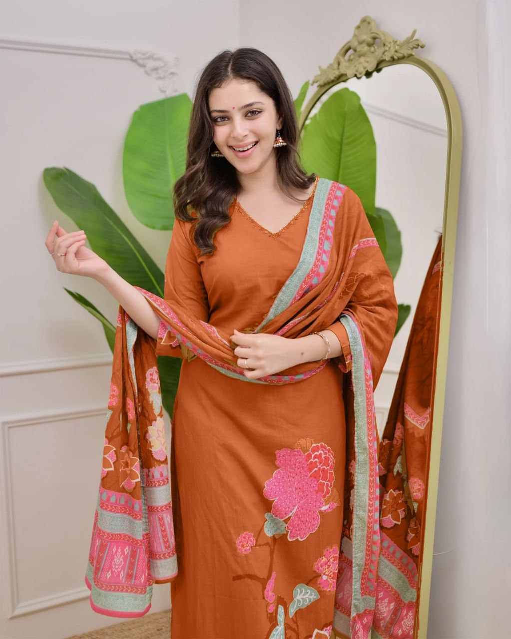 Designer Brown Soft Muslin Salwar Suit with Big Digital Floral Applique Print