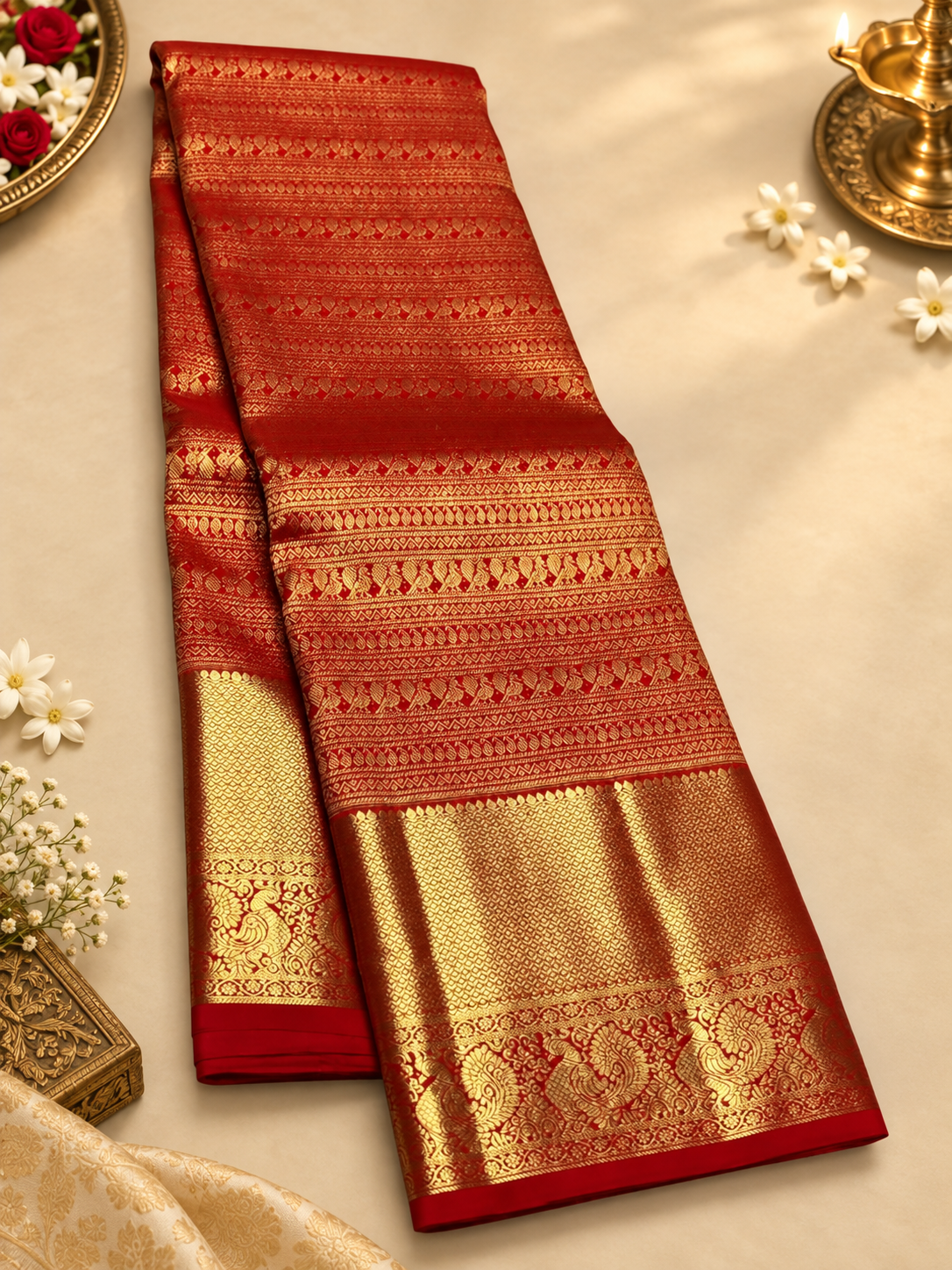 Festive Red Soft Banarasi Silk Saree With Smart Blouse Piece