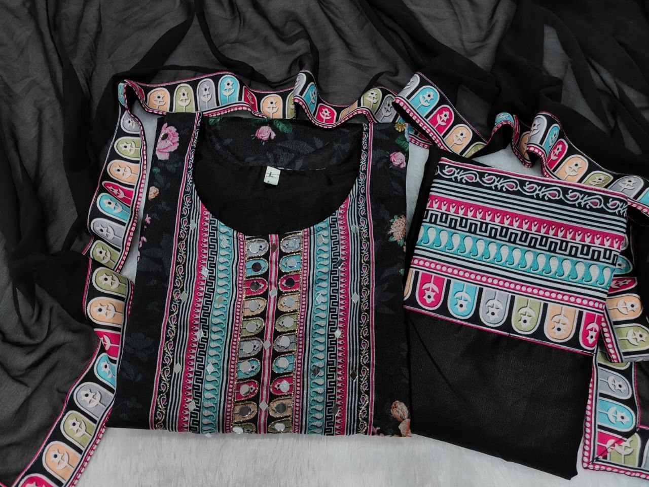 Elegant Black Chinon Silk Embroidered Salwar Suit with Fancy Mirror Work