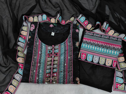 Elegant Black Chinon Silk Embroidered Salwar Suit with Fancy Mirror Work