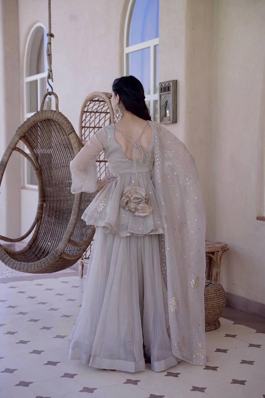 Very Attractive Grey Tabby Silk Sharara Suit with Foil Work
