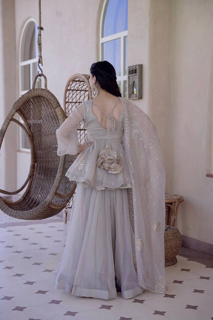 Very Attractive Grey Tabby Silk Sharara Suit with Foil Work