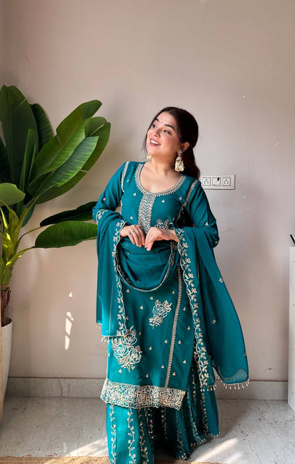 Festive Teal Green Fox Georgette Designer Suit Set with Embroidered Dupatta