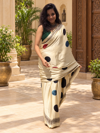 Trendy Cream Hand Block Printed Modal Silk Saree
