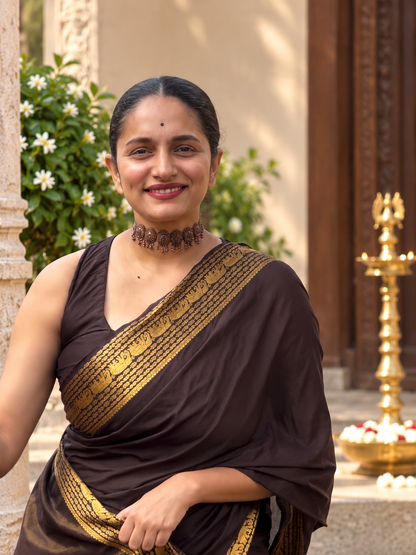 Elegant Dark Brown Kanjivaram Soft Silk Festive Saree