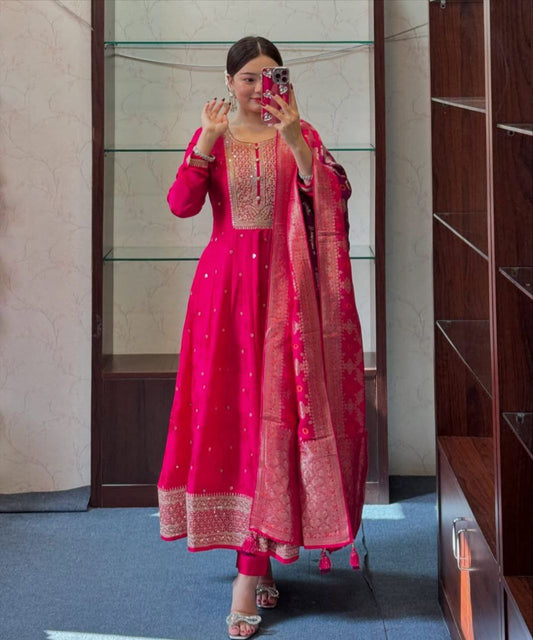 MOST PLEASING BANANA SILK ANARKALI STYLE SUIT SET